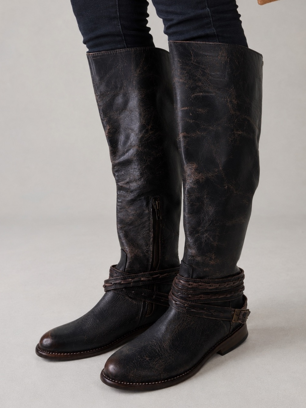 Bed Stu Eva Black Luxe Women’s knee-high boots rwoven leather strap Size 6